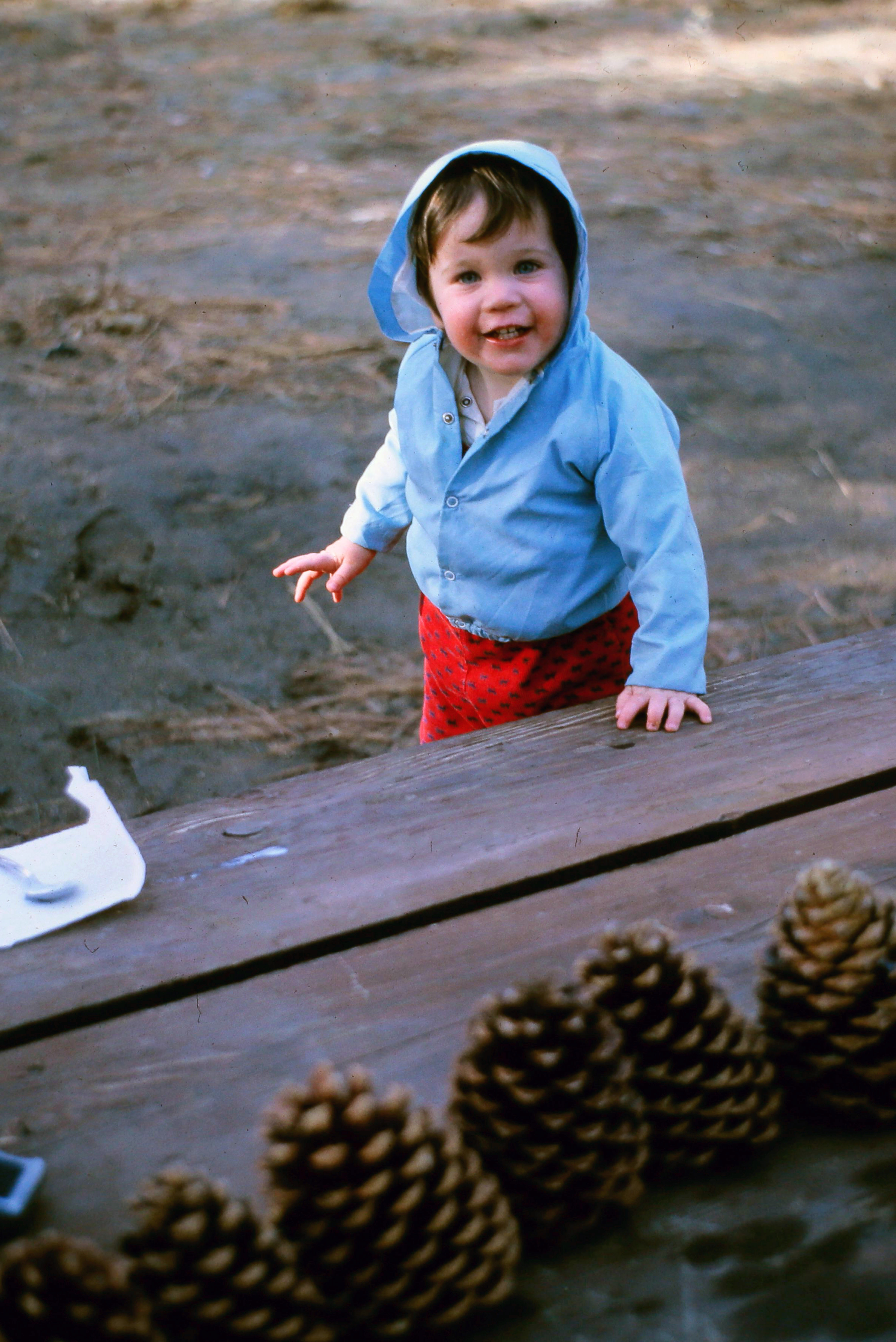 Amy (12–18 months) at a campsite picnic table, pine cones lined up — est. 1967–69