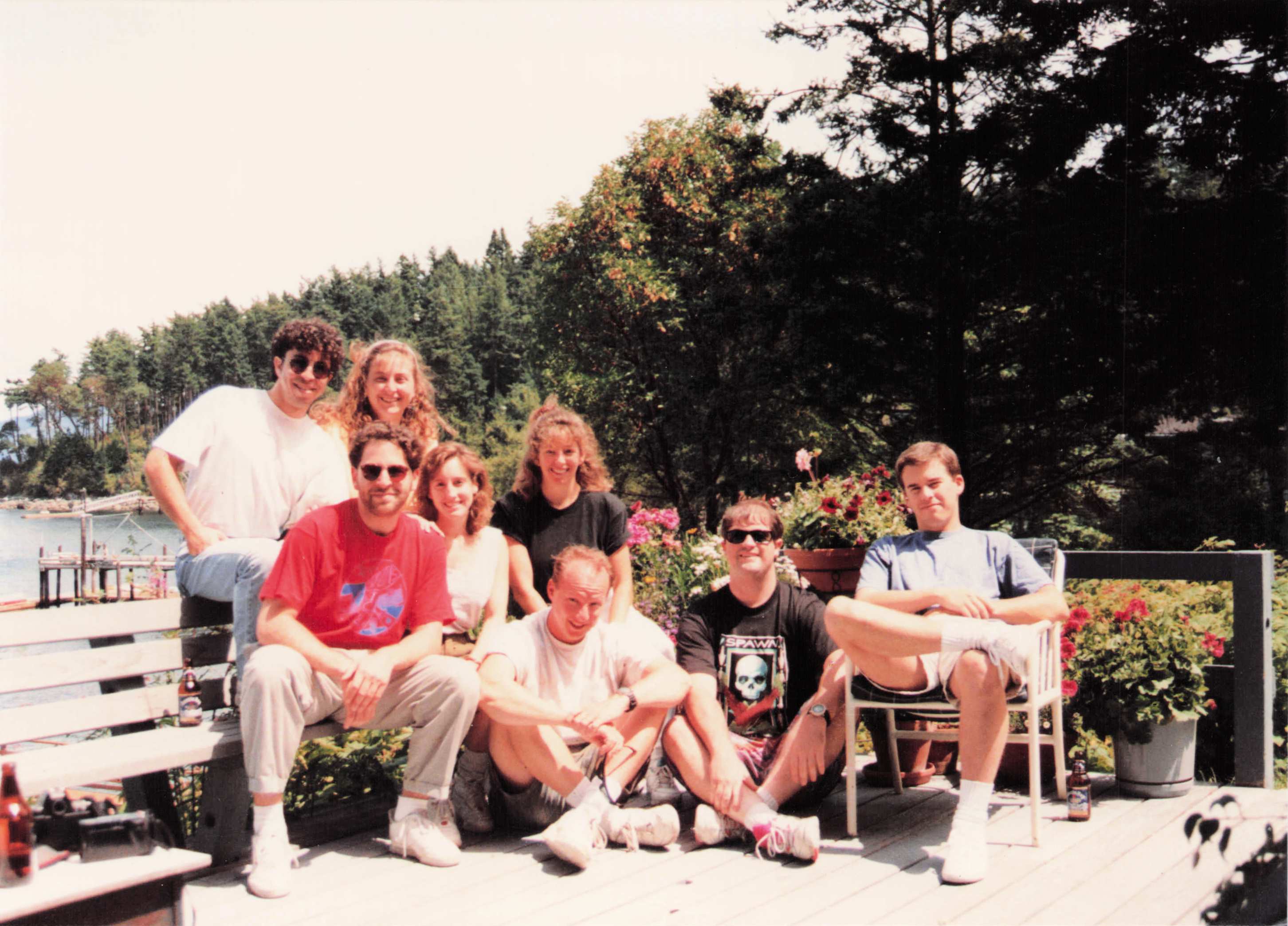 Doofs on a Pacific Northwest deck — Bob Boardman, Chris Hubbard, Dave Greensfelder, Fred, Julie Lyss, Karen Wren