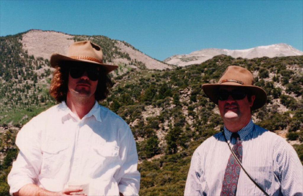 Chris Barrus and Fred at Rick Shull's wedding, Eastern Sierra — both in cowboy hats and sunglasses