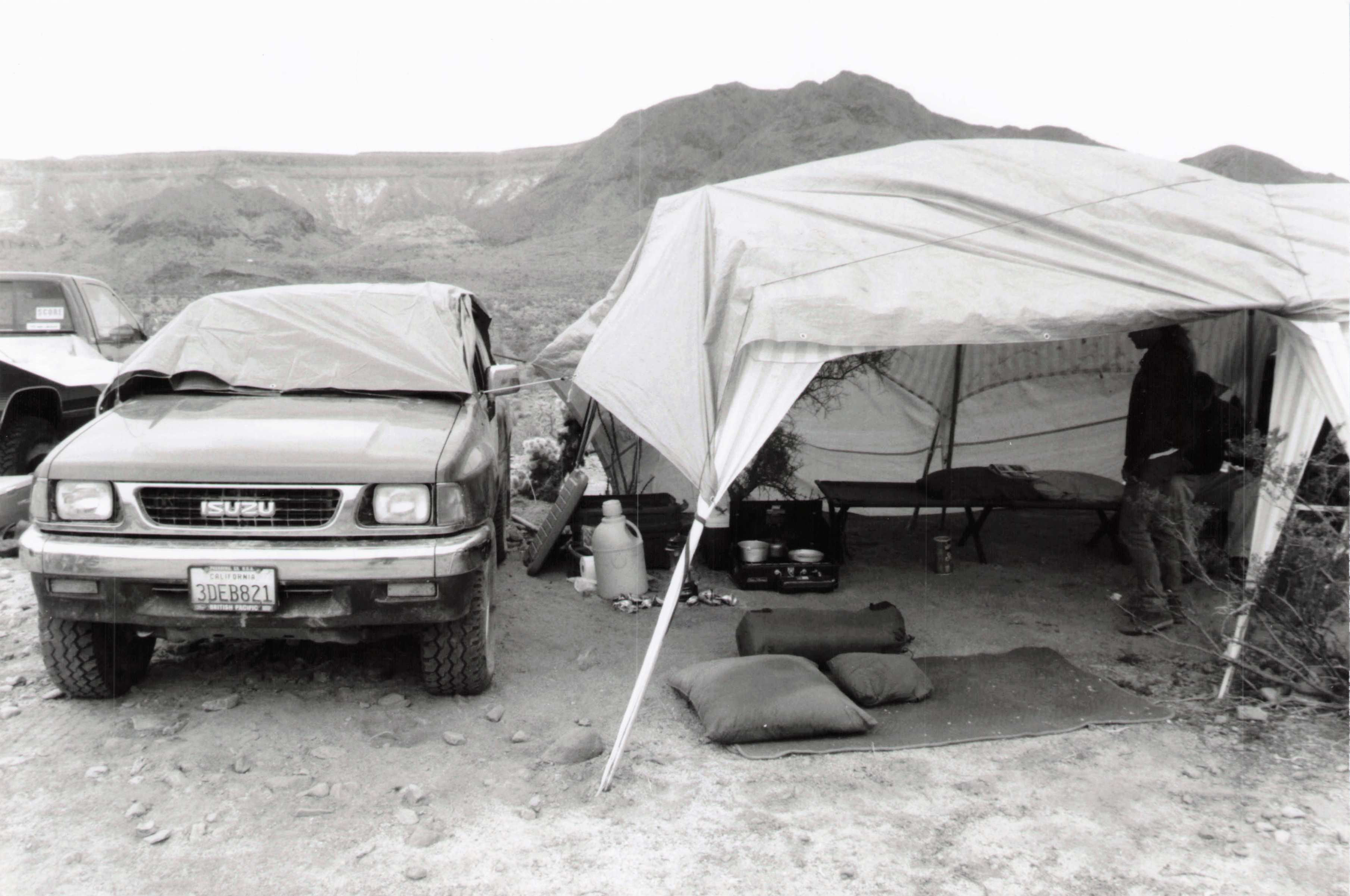 Amigo at a Baja desert camp, SCORE stickers, mid-1990s