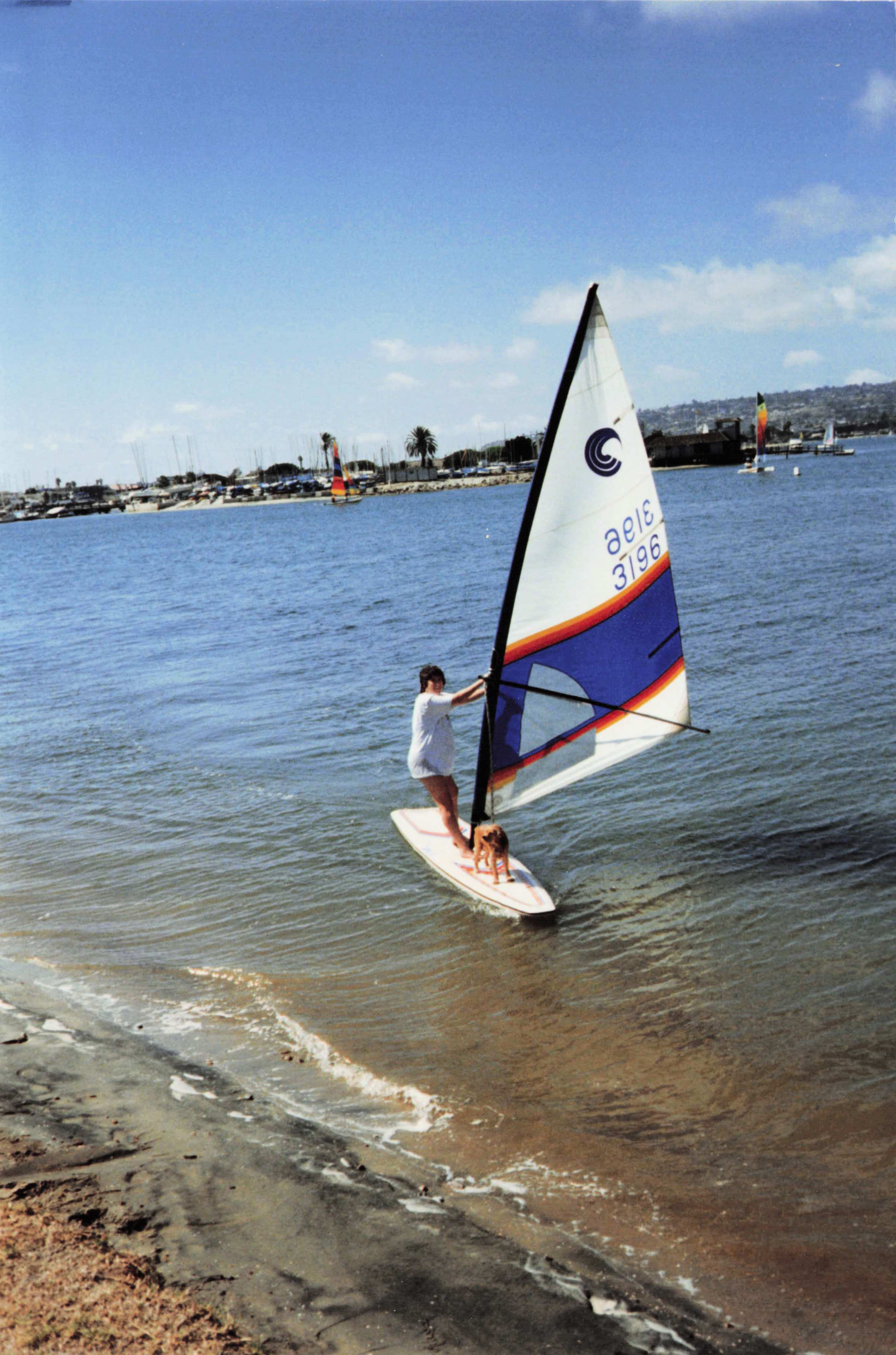 Amy Heald windsurfing with Douro on Mission Bay, San Diego