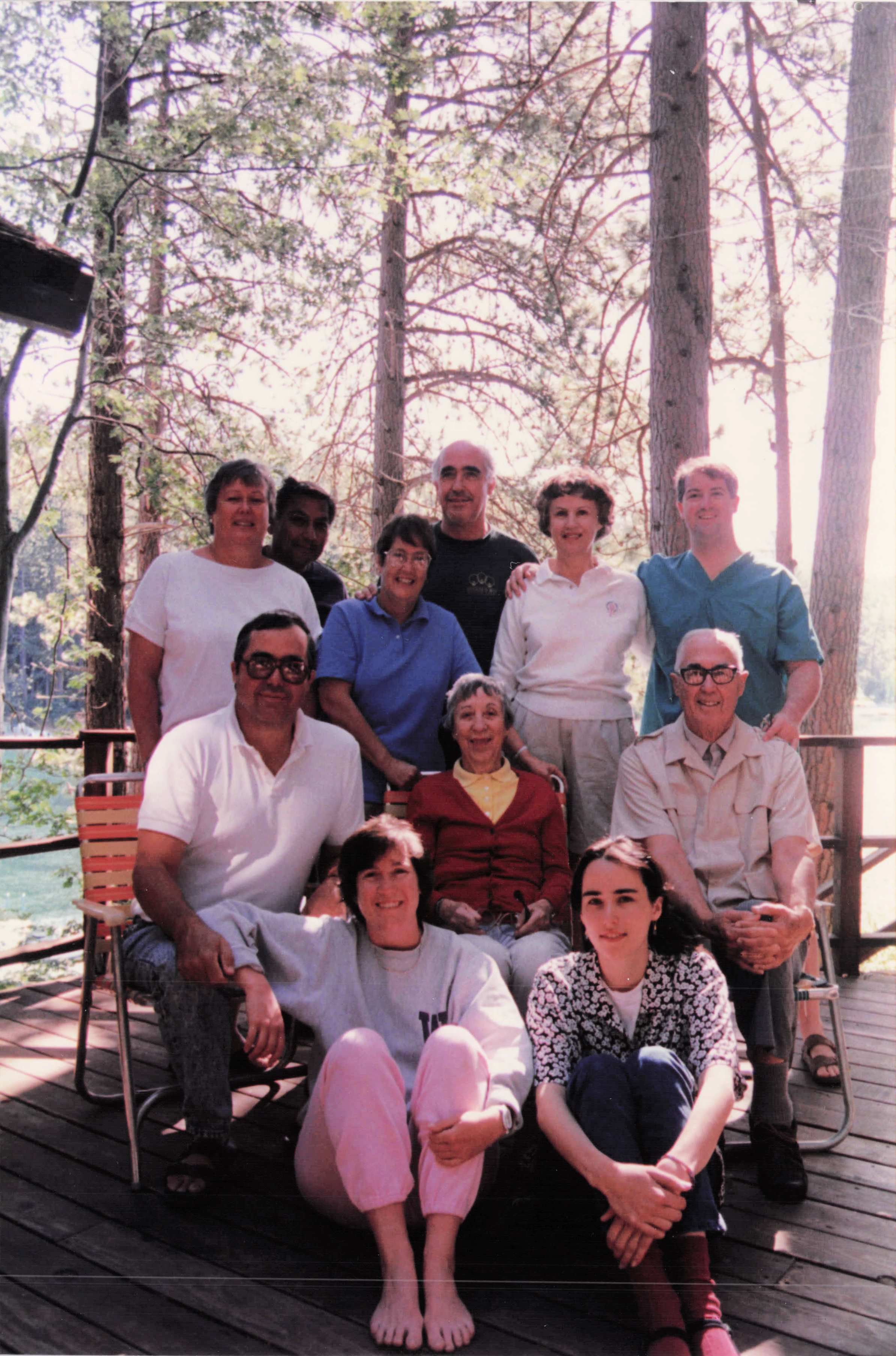 Heald family at Lake Arrowhead cabin — Gram, Gramp, Phil, Elise, Carol, Alan, and others