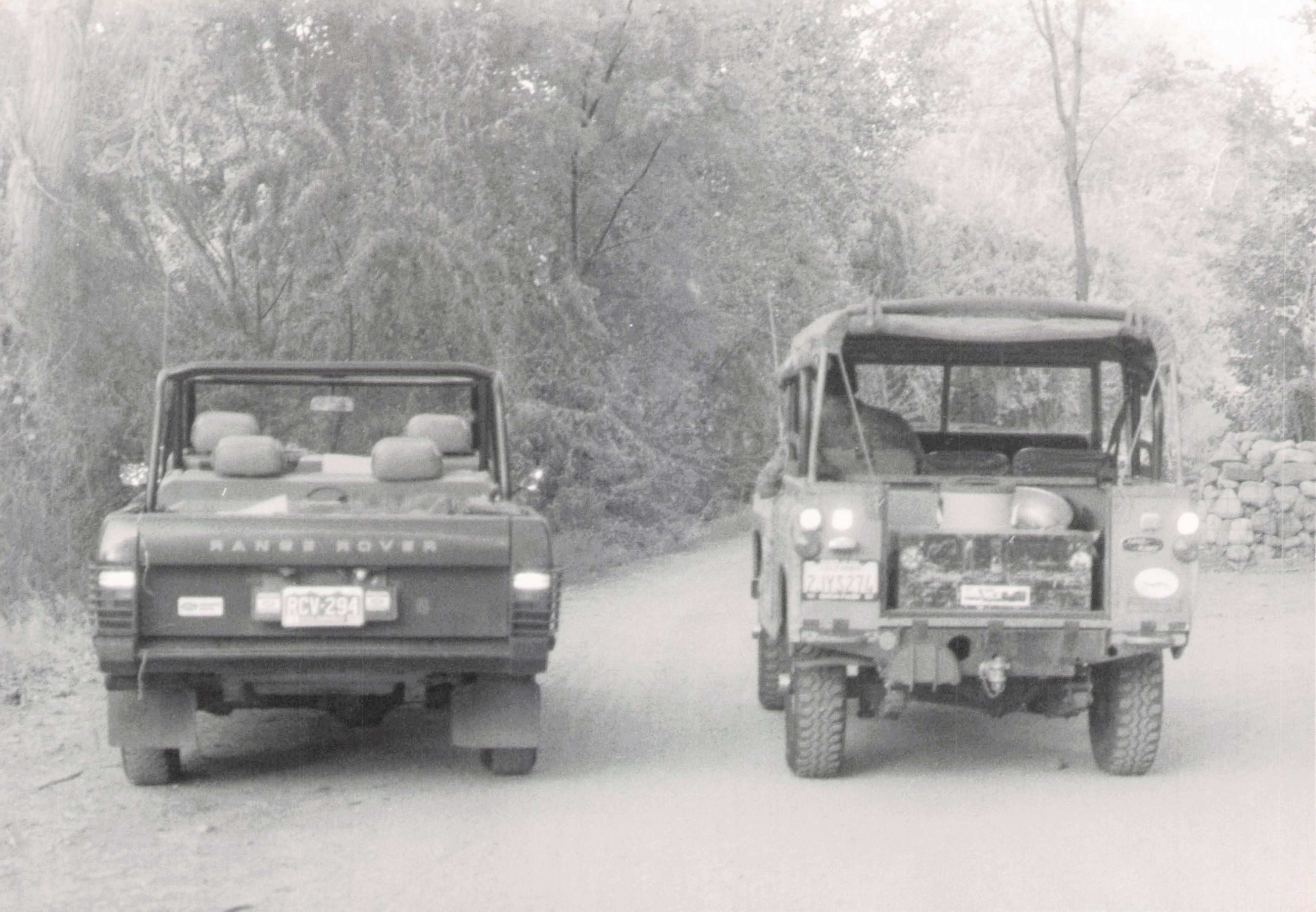 Fred's Strange Over on the left, Lawrence Quiroz's Land Rover IIA 88" on the right — both about to have very bad days