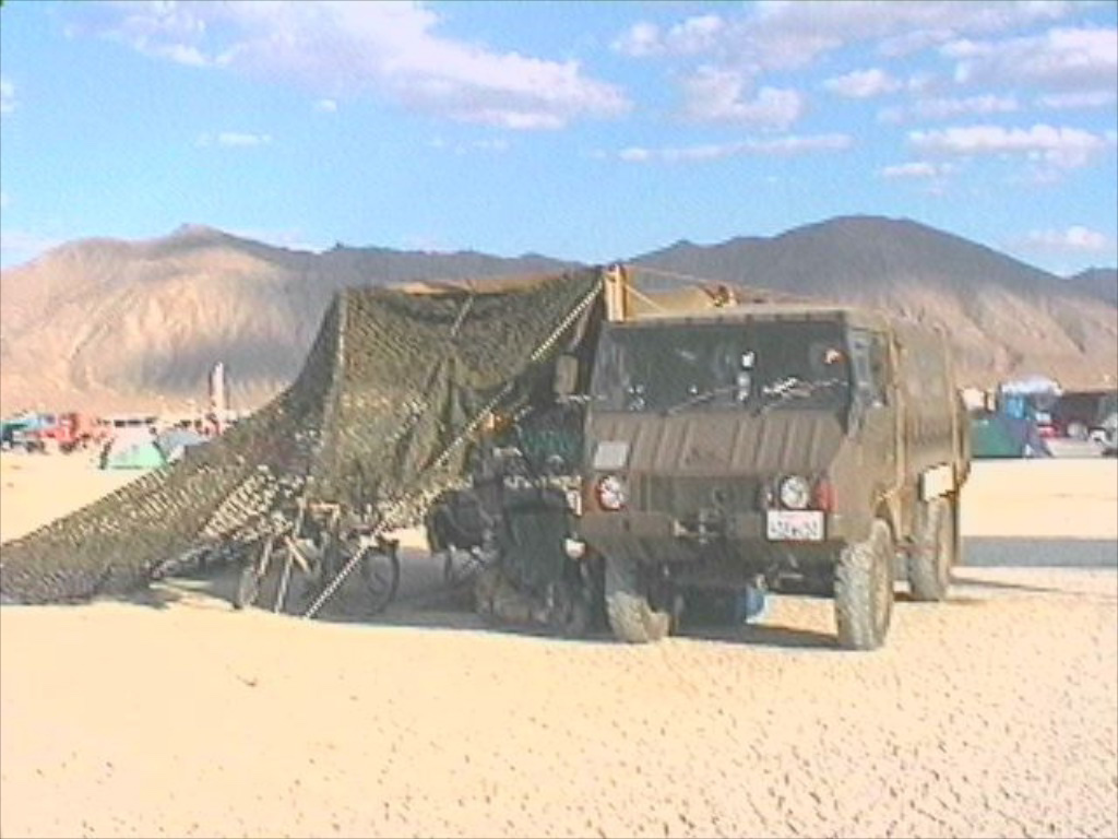 Fred's Burning Man camp with the Pinzgauer, late 1990s–early 2000s