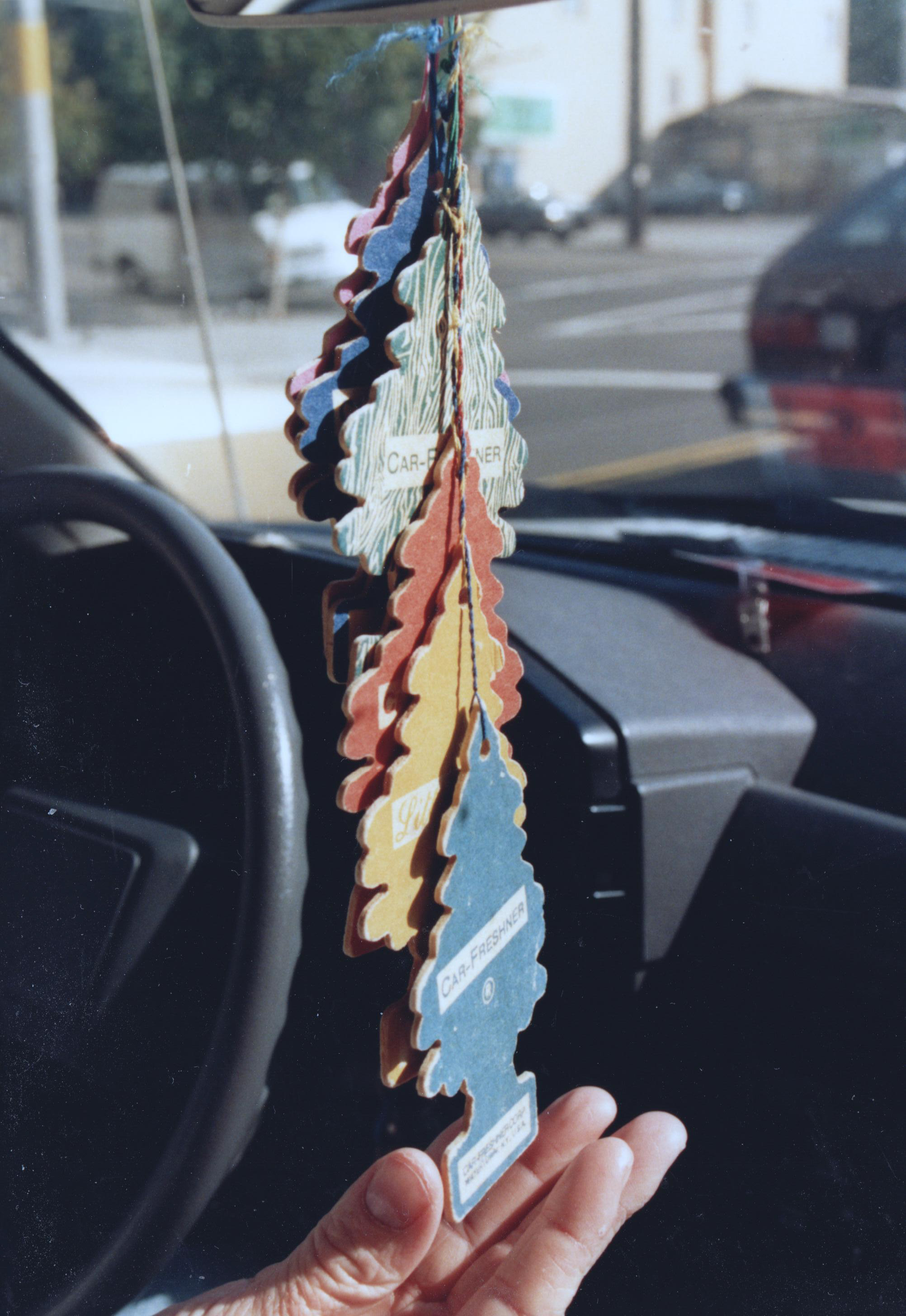 Ken Little's Felony Forest — a tower of Little Trees air fresheners in the rearview mirror