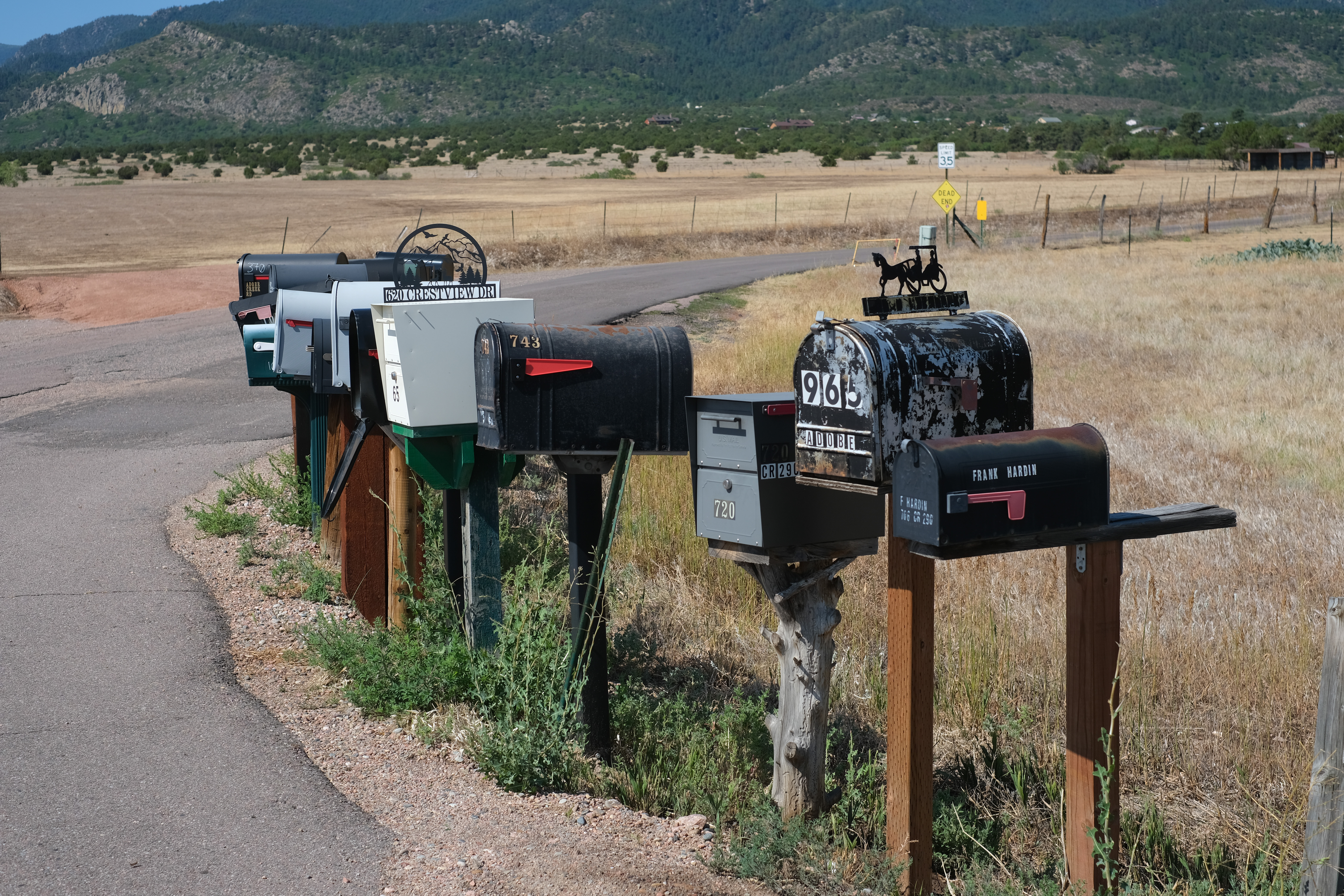 A row of rural mailboxes along a paved road, dry golden grassland and fenced pasture stretching to forested mountains.