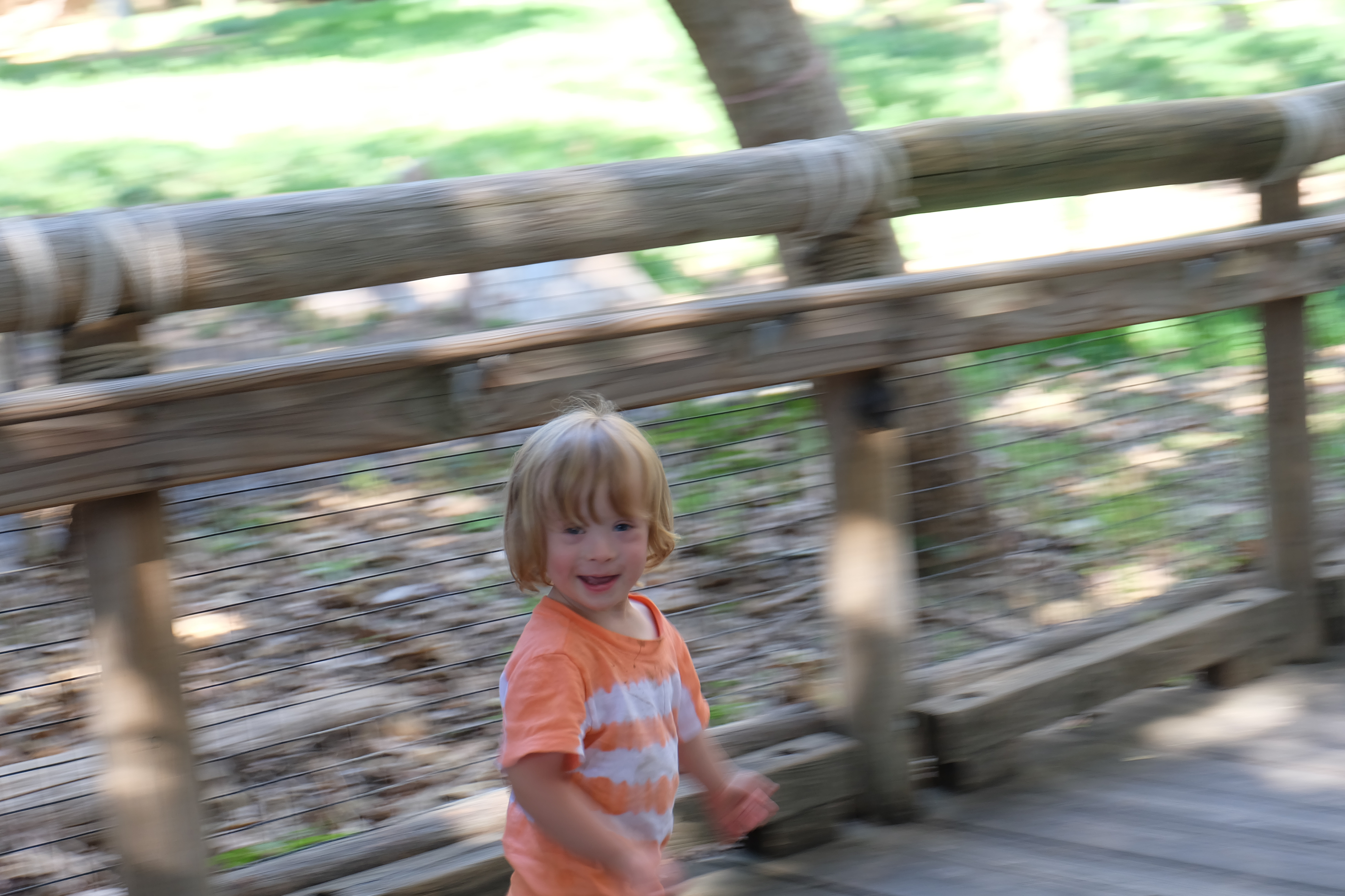 Dylan running across the wooden bridge at Poway park, mid-stride, blurry with speed