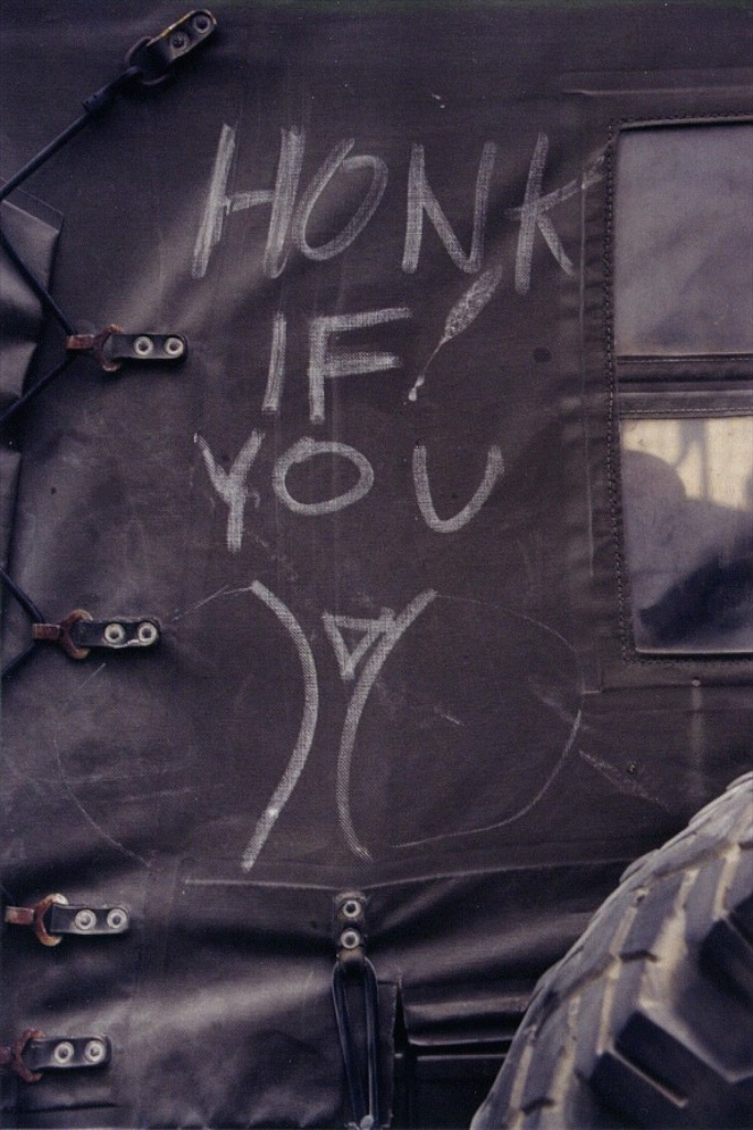 Pinzgauer canvas panel: 'HONK IF YOU ♥' — Burning Man era