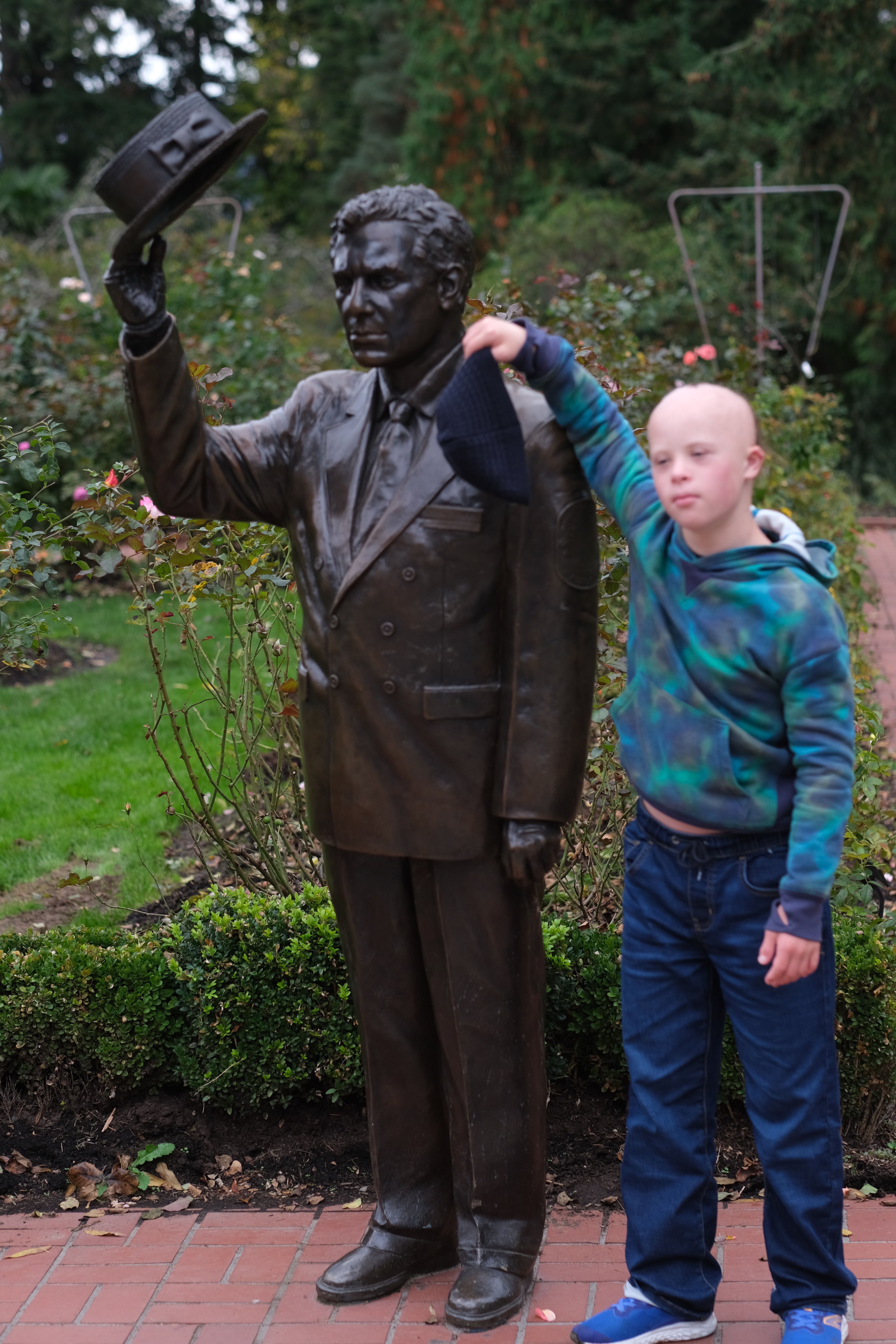 Dylan with a statue, Washington Park