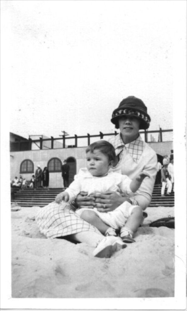 Baby Elmer Jr. with his mother [[helene-rickard-heald|Gagalene]] at the beach, est. 1924